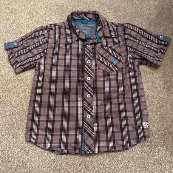 U.S. Polo Assn. boys button down plaid shirt size medium 5/6 red navy turquoise - Picture 1 of 1